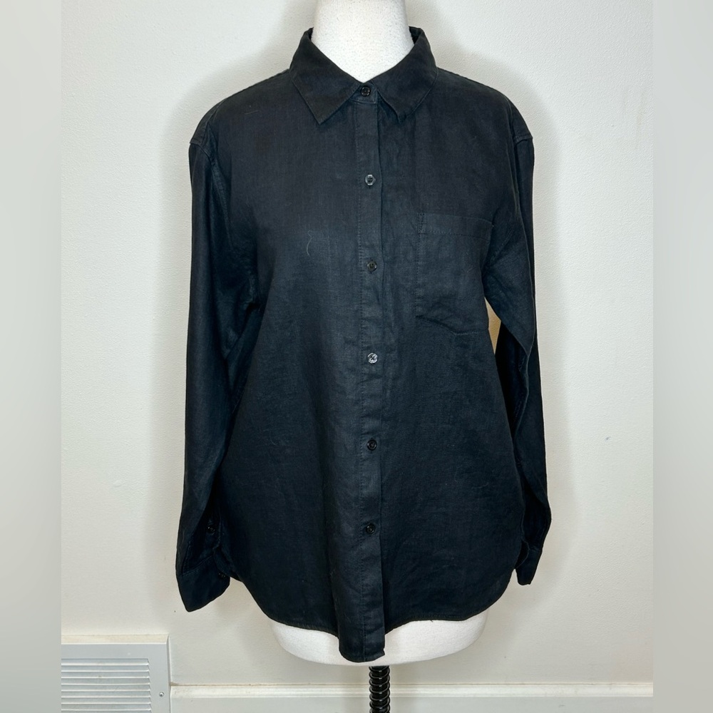 Athleta Black Linen Button Down Long Sleeve Casual Top Size SP Minimalist